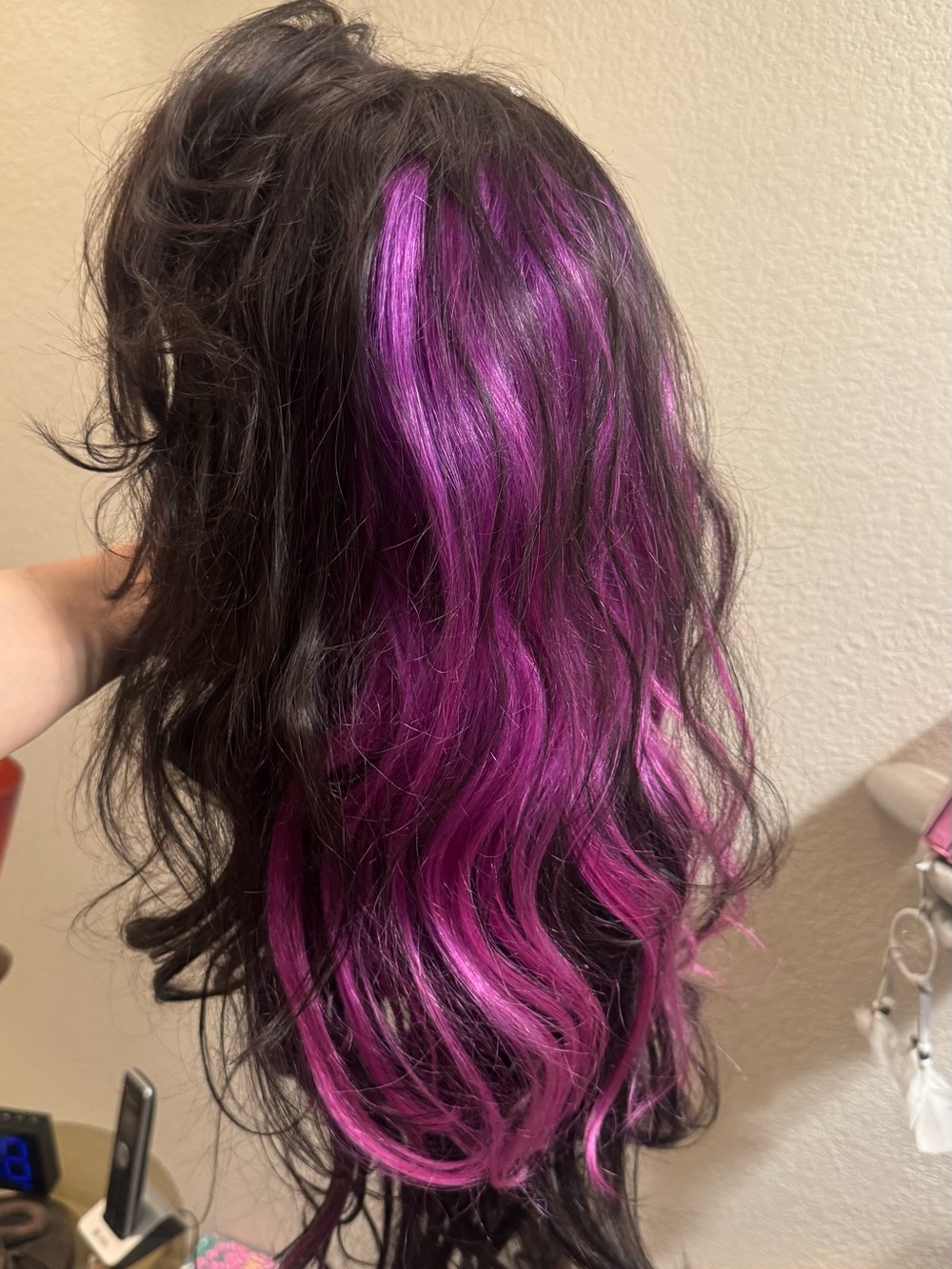 100% Human Hair Black with Purple Highlights Wig